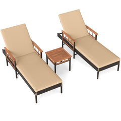 Set of 2 Wicker Chaise Lounges with Acacia Armrests and 4 Level Backrests, Beige