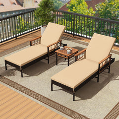 Set of 2 Wicker Chaise Lounges with Acacia Armrests and 4 Level Backrests, Beige