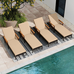 Set of 2 Wicker Chaise Lounges with Acacia Armrests and 4 Level Backrests, Beige