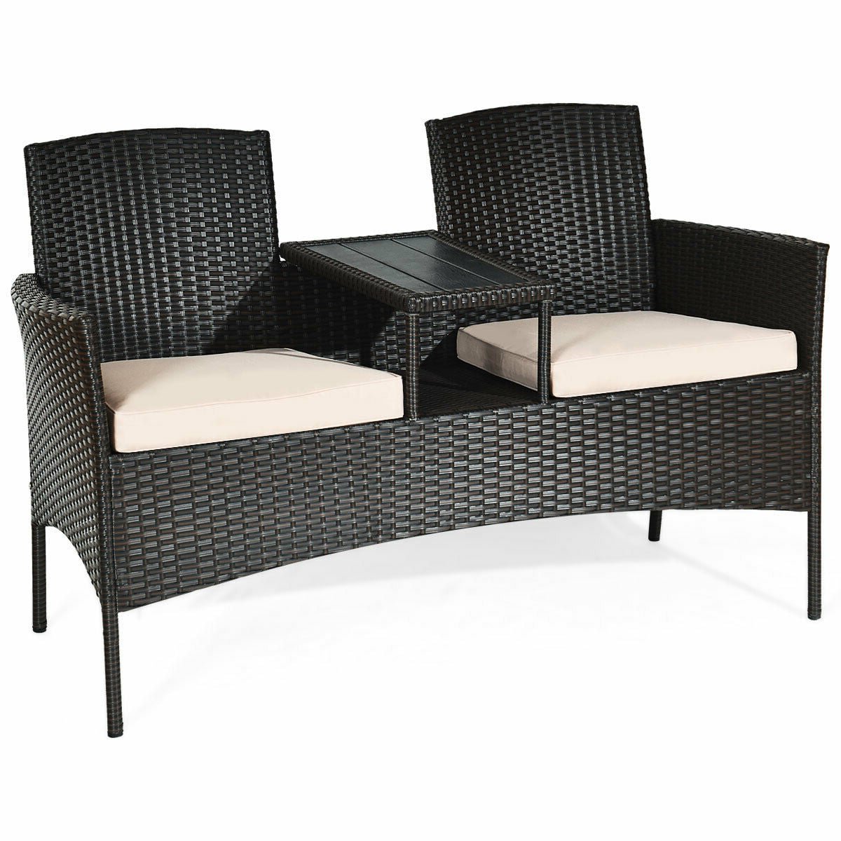 Wicker Patio Loveseat with Built In Center Table and Cushions, Beige