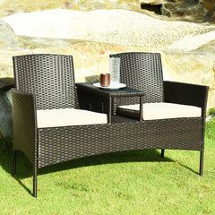 Wicker Patio Loveseat with Built In Center Table and Cushions, Beige