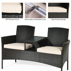 Wicker Patio Loveseat with Built In Center Table and Cushions, Beige