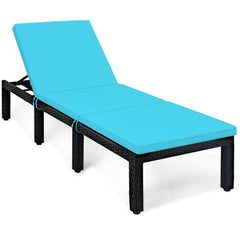 Rattan Lounge Chair with Turquoise Cushion and Adjustable Backrest, 77 in