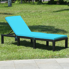 Rattan Lounge Chair with Turquoise Cushion and Adjustable Backrest, 77 in