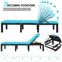 Rattan Lounge Chair with Turquoise Cushion and Adjustable Backrest, 77 in