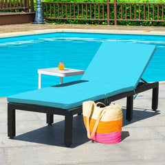 Rattan Lounge Chair with Turquoise Cushion and Adjustable Backrest, 77 in