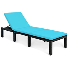 Rattan Lounge Chair with Turquoise Cushion and Adjustable Backrest, 77 in