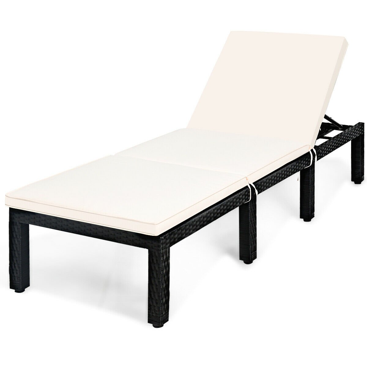 Rattan Lounge Chair with Tied Cushion and 6 Position Backrest, Off White