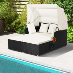 Rattan Patio Daybed with Retractable Canopy and Side Trays, Off White