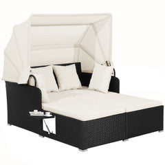 Rattan Patio Daybed with Retractable Canopy and Side Trays, Off White