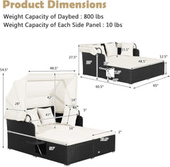 Rattan Patio Daybed with Retractable Canopy and Side Trays, Off White