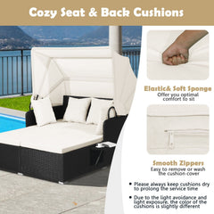 Rattan Patio Daybed with Retractable Canopy and Side Trays, Off White