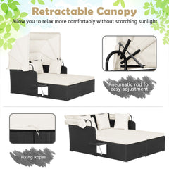 Rattan Patio Daybed with Retractable Canopy and Side Trays, Off White