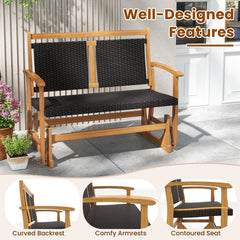 Patio Rattan Glider Bench for 2 with Acacia Wood Frame and Wicker Seat Back
