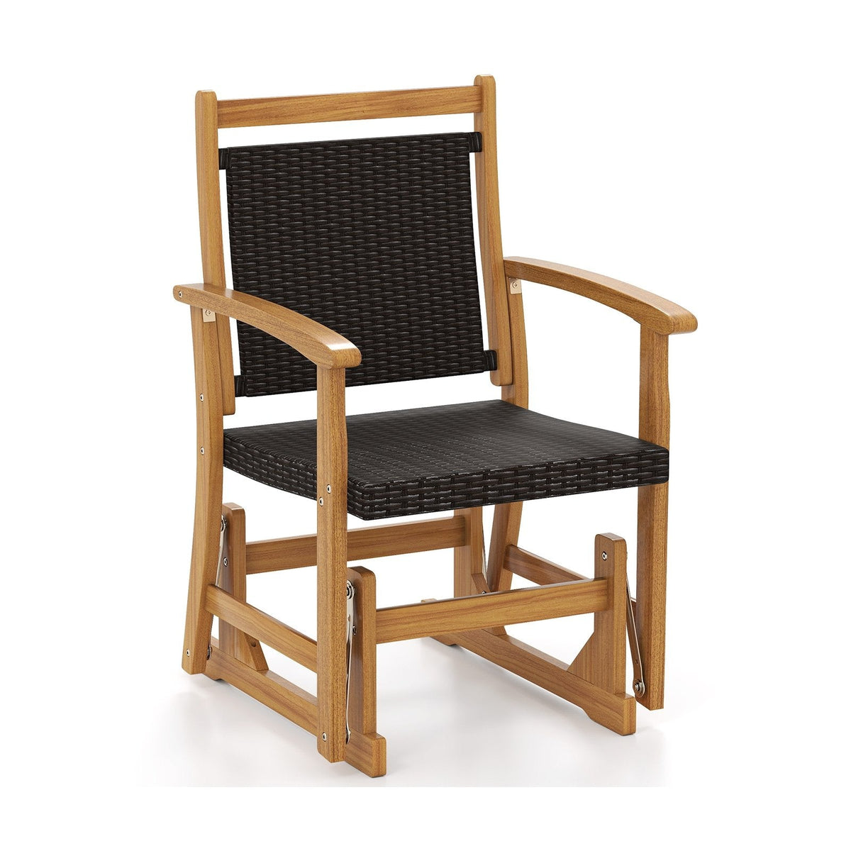 Patio Rattan Glider Chair with Acacia Wood Frame and Wicker Seat Back