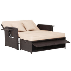 Rattan Daybed with 4 Level Backrest and Fold Down Side Trays, Brown