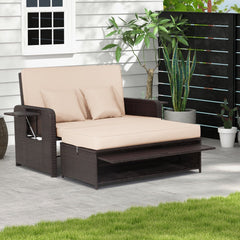 Rattan Daybed with 4 Level Backrest and Fold Down Side Trays, Brown
