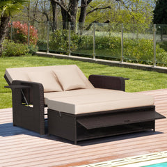 Rattan Daybed with 4 Level Backrest and Fold Down Side Trays, Brown