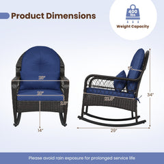 Patio Rattan Rocking Chair with Seat Back Cushions and Waist Pillow-Navy