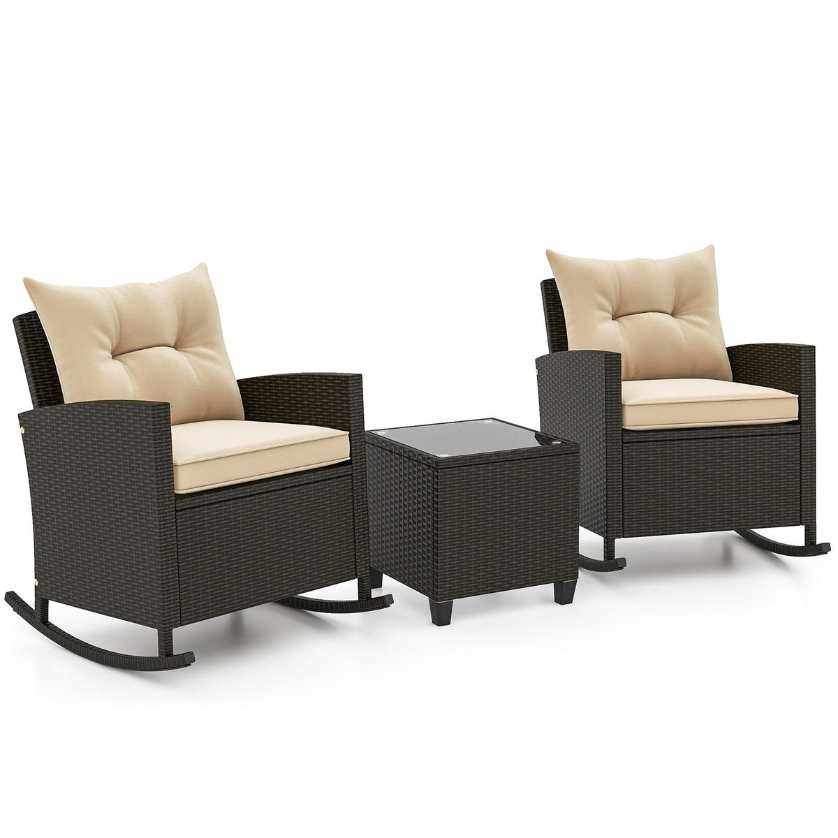 3 Piece Patio Rattan Rocking Chair Set, 2 Dark Brown Wicker Rockers Rated 400 lb with Beige Cushions and an 18 in Glass Top Table