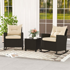 3 Piece Patio Rattan Rocking Chair Set, 2 Dark Brown Wicker Rockers Rated 400 lb with Beige Cushions and an 18 in Glass Top Table