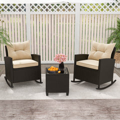 3 Piece Patio Rattan Rocking Chair Set, 2 Dark Brown Wicker Rockers Rated 400 lb with Beige Cushions and an 18 in Glass Top Table