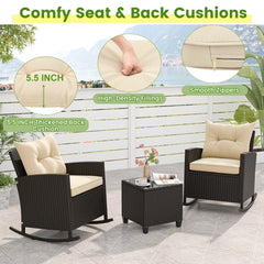 3 Piece Patio Rattan Rocking Chair Set, 2 Dark Brown Wicker Rockers Rated 400 lb with Beige Cushions and an 18 in Glass Top Table