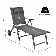 Padded Aluminium Reclining Chaise Lounge with Wheels and Neck Pillow, Gray