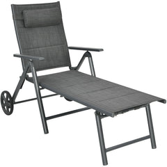 Padded Aluminium Reclining Chaise Lounge with Wheels and Neck Pillow, Gray