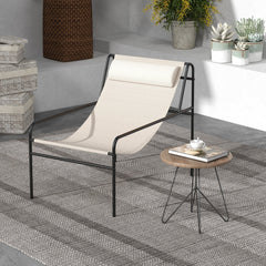 Sling Lounge Chair with Detachable Headrest Pillow and Metal Frame, Beige