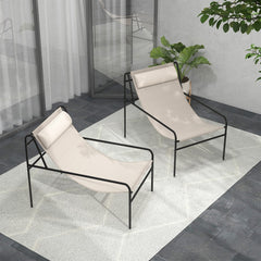 Sling Lounge Chair with Detachable Headrest Pillow and Metal Frame, Beige