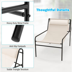 Sling Lounge Chair with Detachable Headrest Pillow and Metal Frame, Beige