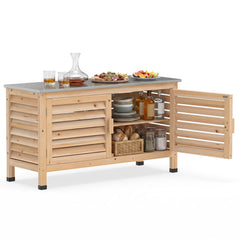 Patio Storage Cabinet with Stainless Steel Countertop and L-Shaped Shelf for Garden-Natural