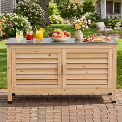 Patio Storage Cabinet with Stainless Steel Countertop and L-Shaped Shelf for Garden-Natural