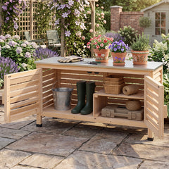 Patio Storage Cabinet with Stainless Steel Countertop and L-Shaped Shelf for Garden-Natural