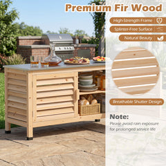 Patio Storage Cabinet with Stainless Steel Countertop and L-Shaped Shelf for Garden-Natural