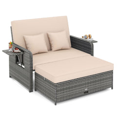 Patio Wicker Loveseat with 4 Position Adjustable Backrest, Multipurpose Ottoman and Two Folding Side Trays, Beige