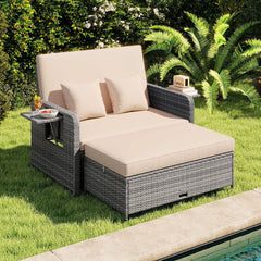 Patio Wicker Loveseat with 4 Position Adjustable Backrest, Multipurpose Ottoman and Two Folding Side Trays, Beige