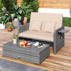 Patio Wicker Loveseat with 4 Position Adjustable Backrest, Multipurpose Ottoman and Two Folding Side Trays, Beige