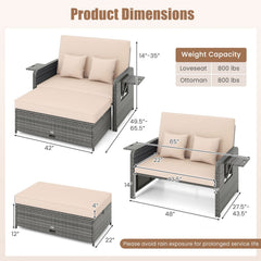 Patio Wicker Loveseat with 4 Position Adjustable Backrest, Multipurpose Ottoman and Two Folding Side Trays, Beige