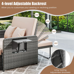 Patio Wicker Loveseat with 4 Position Adjustable Backrest, Multipurpose Ottoman and Two Folding Side Trays, Beige