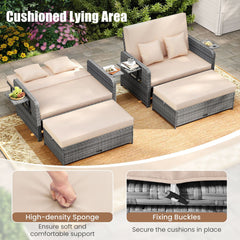 Patio Wicker Loveseat with 4 Position Adjustable Backrest, Multipurpose Ottoman and Two Folding Side Trays, Beige