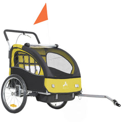 2-in-1 Bike Trailer for Kids, Foldable 2-Seat Baby Stroller with 5-Point Harness, Rubber Wheels, Storage Bag, Black