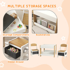 3 Piece Kids Table and Chair Set with Reversible Tabletop, Blackboard, Storage, Bookshelf, for Playroom, Nursery, Grey