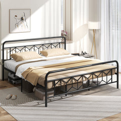 King Metal Platform Bed with 41 Inch Patterned Headboard and Snap Lock Slats