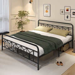 King Metal Platform Bed with 41 Inch Patterned Headboard and Snap Lock Slats