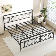 King Metal Platform Bed with 41 Inch Patterned Headboard and Snap Lock Slats