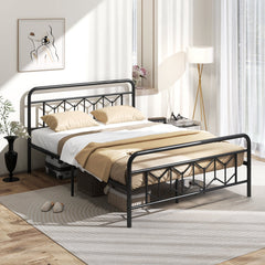 Queen Metal Platform Bed with 41 Inch Patterned Headboard and Snap Lock Slats