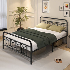 Queen Metal Platform Bed with 41 Inch Patterned Headboard and Snap Lock Slats