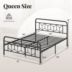 Queen Metal Platform Bed with 41 Inch Patterned Headboard and Snap Lock Slats
